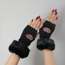 Gönülden Tasarım Siyah Kürklü Parmaksız Dudaklı Kadın Eldiven