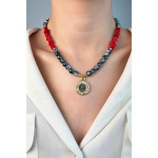 Sose Moda Burç Madalyon Uçlu Mercan Doğal Taşlı Boncuk Kolye - Gri