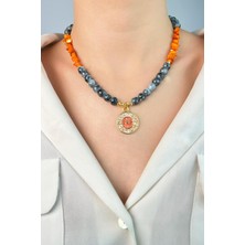 Burç Madalyon Uçlu Kırık Doğal Taşlı Boncuk Kolye - Turuncu