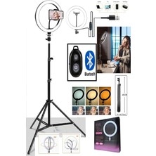 Kumandalı Youtuber Tiktok Çekim Işıklı Telefon Tutucu Makyaj Işığı Ring Light 10 Inç + 2.1 M Tripod