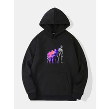 Unisex Colorful Skeleton Baskılı Kapüşonlu Içi Yumuşak Polarlı Oversize Sweatshirt - Siyah