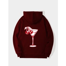 Softway Cherry Cocktail Baskılı Kapüşonlu Içi Yumuşak Polarlı Oversize Sweatshirt - Bordo