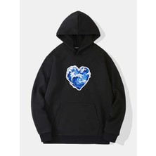 Softway Ocen Heart Baskılı Kapüşonlu Içi Yumuşak Polarlı Oversize Sweatshirt - Siyah