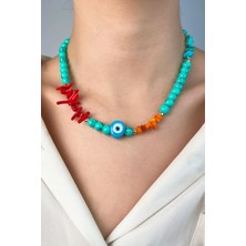 Sose Moda Nazar Boncuklu Mercan Doğal Taşlı Boncuk Kolye - Turkuaz