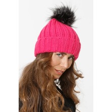 Katlamalı Kürk Ponponlu Triko Örme Bere