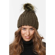 Katlamalı Kürk Ponponlu Triko Örme Bere