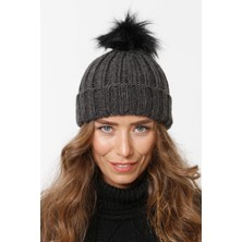 FLORİ Katlamalı Kürk Ponponlu Triko Örme Bere