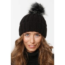 Katlamalı Kürk Ponponlu Triko Örme Bere