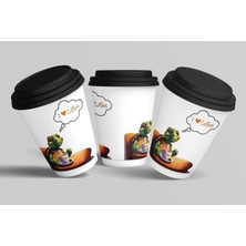 Kaplumbağa 'ı Love Coffee' 14 Oz Sıcak Grubu Kapaklı Karton Kahve Bardağı 12'li 400 ml