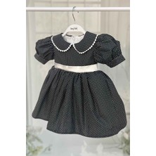 Bertuğ Bebek Bebe Yaka Dantelli Kız Çocuk Bebek Puantiyeli Pamuklu Siyah Beyaz Elbise