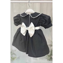 Bertuğ Bebek Bebe Yaka Dantelli Kız Çocuk Bebek Puantiyeli Pamuklu Siyah Beyaz Elbise