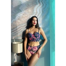 Funtasy Çiçek Baskılı Korseli Balenli Bralet Sütyen Takımı Corset Bra Set