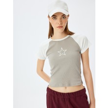 Koton Yıldız Baskılı Reglan Kollu Bisiklet Yaka Kaşkorse Slim Fit Tişört