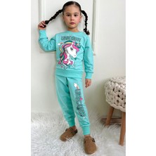 Yağmur Giyim Pjk2i Unicorn Desenli Yeşil 2 Ip  Pamuk Kız Çocuk Eşofman Takımı 3-10 Yaş 7447-Y