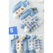5 Çift Kadın Mavi Kalp Desenli Kısa Çorap, Kadın Soket Çorap, Desenli Kadın Çorap, Renkli Desenli Kadın Çorap, Kız Çorabı (36-41)