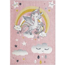 Kids Unicorn Desenli Pembe Çocuk Odası Halısı Antialerjik Tozumaz Bebek Odası Halısı Kds-06