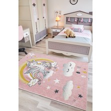 Kids Unicorn Desenli Pembe Çocuk Odası Halısı Antialerjik Tozumaz Bebek Odası Halısı Kds-06