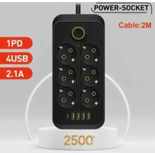 Soket 4 USB 1 Pd Şarj Termal Akım Korumalı Priz 2 Metre Kablo Çoklu Priz 6 Lı Priz
