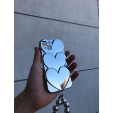 Iphone 14 Metalik Gümüş Kalpli Charmlı Telefon Kılıfı