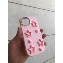 Iphone 15 Pembe Pink Star Silikon Kabartmalı Telefon Kılıfı