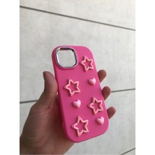 Iphone 15 Pembe Pink Star Silikon Kabartmalı Telefon Kılıfı