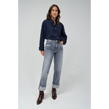 Salsa Jeans Yüksek Bel Düz Paça Standart Gri Kadın Denim Pantolon 21008610-FAITH Straight