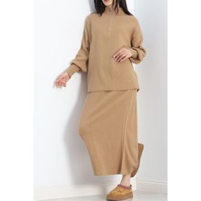 Fermuarlı Etekli Triko Takım Camel - 16646.1612.