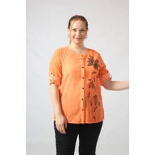 Moda Berray 3293 Turuncu Çiçek Baskılı Organik Keten Kumaş Mevsimlik Gömlek