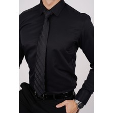 Etikmen Siyah Saten & Siyah Baklava Desen Hediye Kutulu Gömlek Kravat Seti