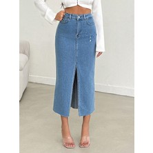 Derin Yırtmaçlı Yüksek Bel Uzun Denim Etek -Mavi
