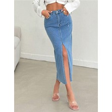 Derin Yırtmaçlı Yüksek Bel Uzun Denim Etek -Mavi