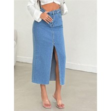 Derin Yırtmaçlı Yüksek Bel Uzun Denim Etek -Mavi