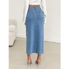 Derin Yırtmaçlı Yüksek Bel Uzun Denim Etek -Mavi
