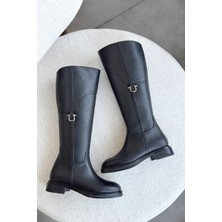 Moda Adam Kadın Date Düz Tabanlı Tokalı Çizme - Siyah-Deri