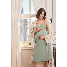 Monamise Kadın Çiçek ve Yaprak Desenli Dantelli Hamile Lohusa Sabahlık Takımı 24163