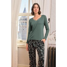 Monamise Kadın Çiçek ve Yaprak Desenli Dantelli Büyük Beden Pijama Takımı 24168BAT