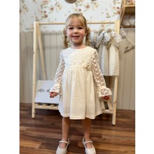 Çiçekli Uzun Kol Kız Bebek Elbise Premium Seri Keten Elbise Bej