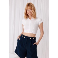 Kadın Ekru Renk Polo Yaka Yarım Fermuarlı Crop T-Shirt