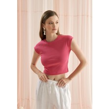 Kadın Fuşya Renk Crop T-Shirt