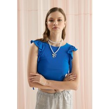 Kadın Mavi Renk Kolları Fırfırlı Sıfır Kol T-Shirt