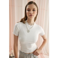 Kadın Ekru Renk Kaşkorse Fırfırlı Crop T-Shirt