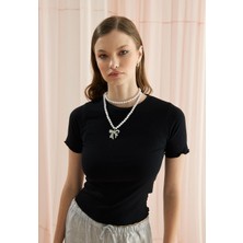 Kadın Siyah Renk Fırfırlı Crop T-Shirt