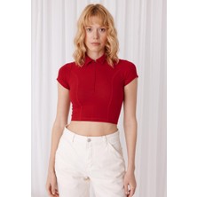 Kadın Kırmızı Renk Polo Yaka Yarım Fermuarlı Crop T-Shirt