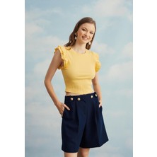 Tubia Kadın Kolları Fırfırlı Sarı Sıfır Kol Crop T-Shirt