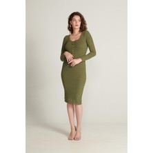 Düğme Detaylı Haki Elbise