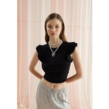 Kadın Kolları Fırfırlı Siyah Sıfır Kol Crop T-Shirt