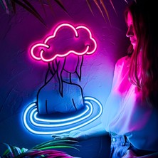 Rainy Girl - Modern & Endüstriyel Neon LED Duvar Dekoru, 50X40CM, Pembe/buz Mavi Led, 12V Adaptör