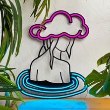 Rainy Girl - Modern & Endüstriyel Neon LED Duvar Dekoru, 50X40CM, Pembe/buz Mavi Led, 12V Adaptör