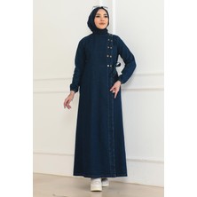 Düğmeli Yandan Bağlamalı Kot Ferace Koyu Mavi 19361