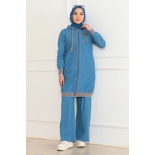 Moda Mihram Fermuarlı Ribanalı Kot Takım Koyu Mavi 19363
